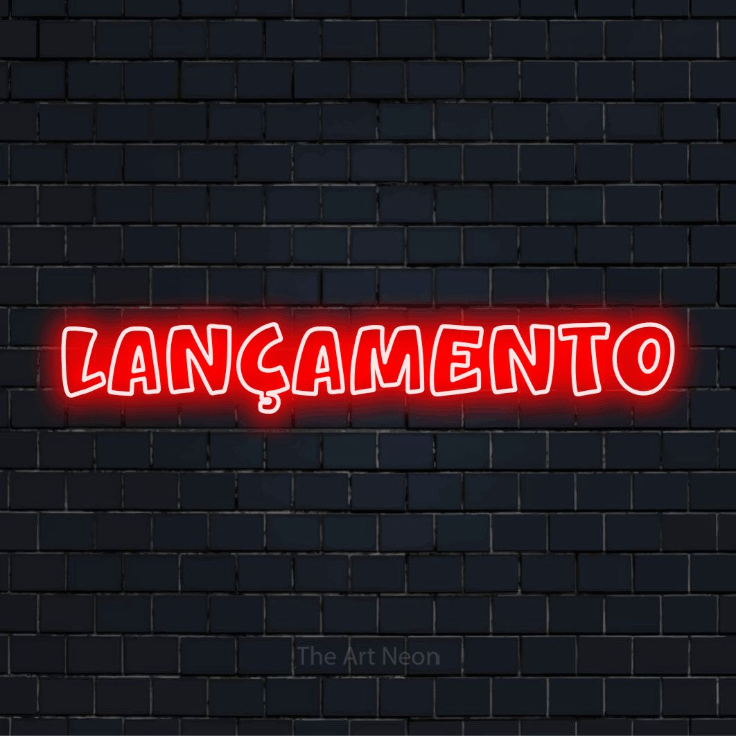 Letreiro néon LED com o design “Lançamento” numa parede escura