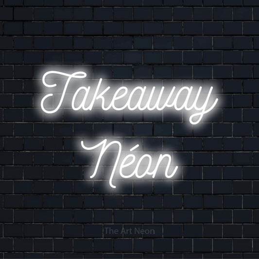 Letreiro néon LED com o design “Takeaway Néon” numa parede escura