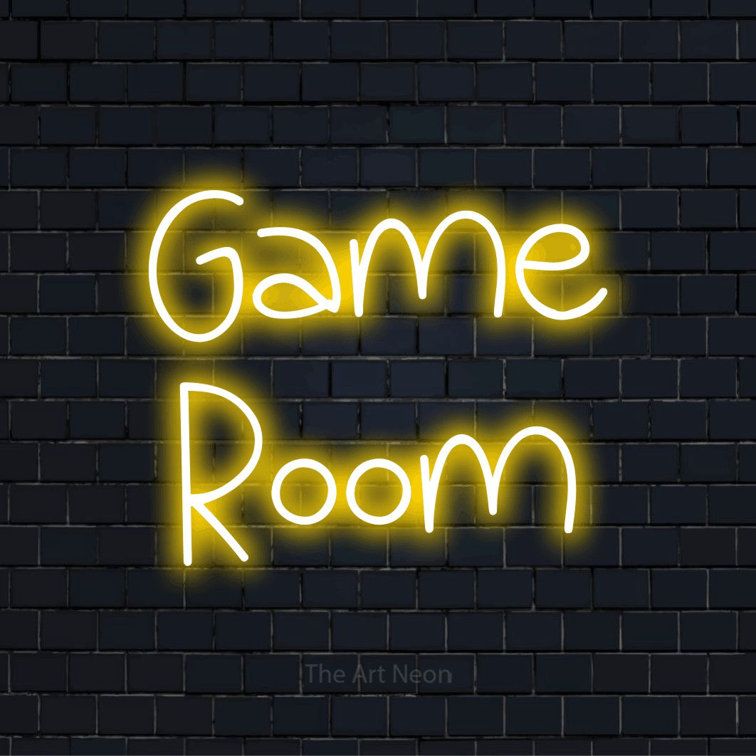 Letreiro néon LED com o texto “Game Room” numa parede escura