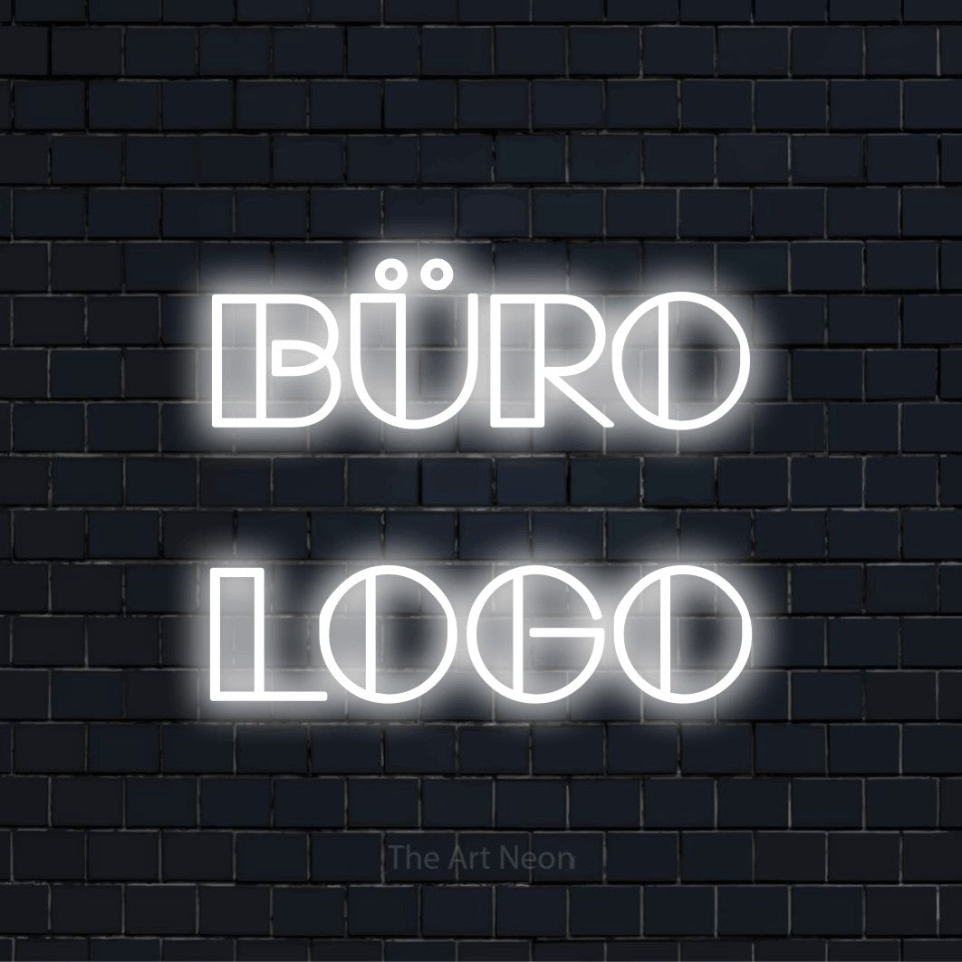 LED-Neonschild mit dem Design „Büro Logo“ auf dunkler Ziegelwand