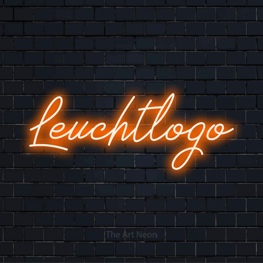 LED-Neonschild mit dem Design „Leuchtlogo“ auf dunkler Ziegelwand