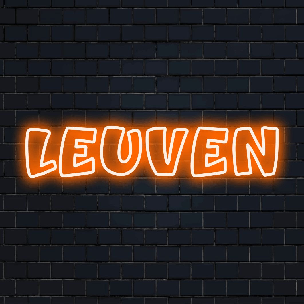 Leuven Neon Light with bright LED glow against brick backdrop