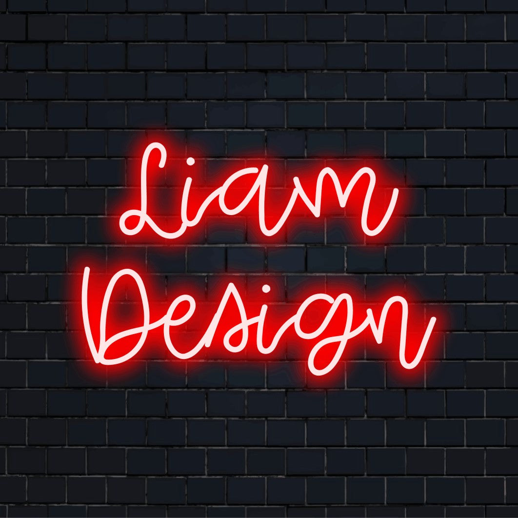 Liam Design Custom Name Neon Sign, neon text light on dark brick wall