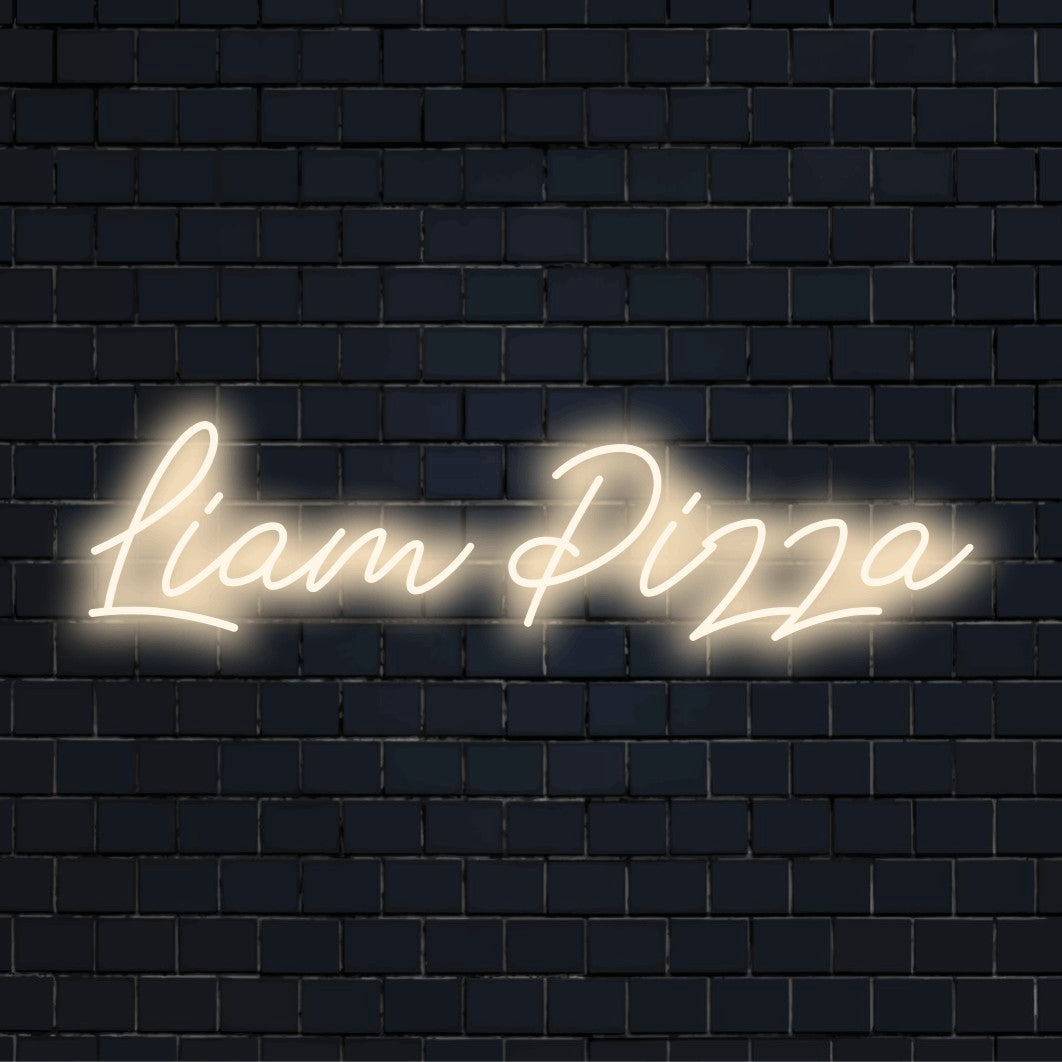 Liam Pizza Custom Name Neon Sign, glowing wall decor against brick backdrop