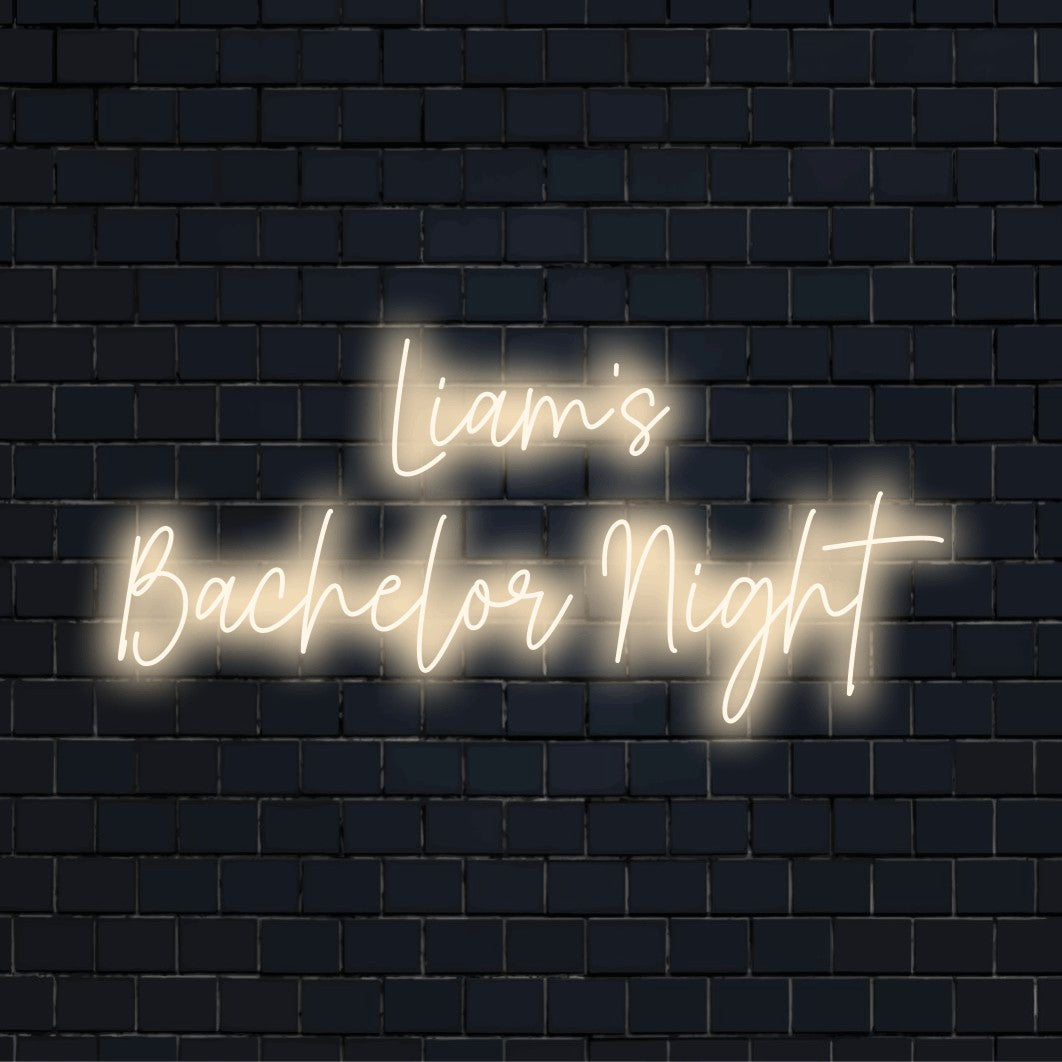 Liam_s Bachelor Night Custom Name Neon Sign, glowing neon text on dark brick wall