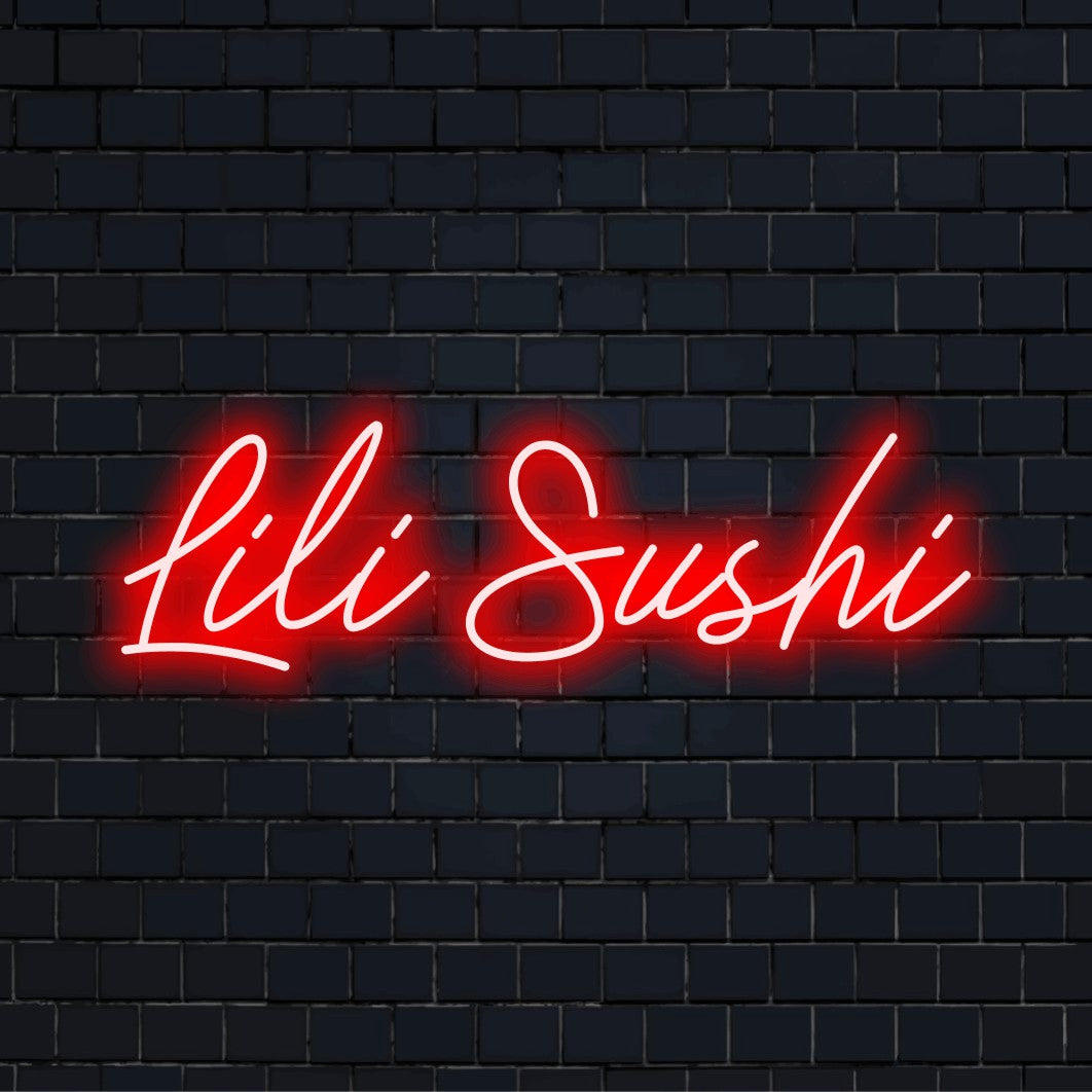 Lili Sushi Personalized Neon Light with glowing neon text on dark brick background