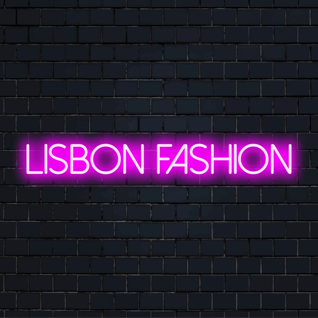 Lisbon Fashion Neon Sign, glowing neon text on dark brick background