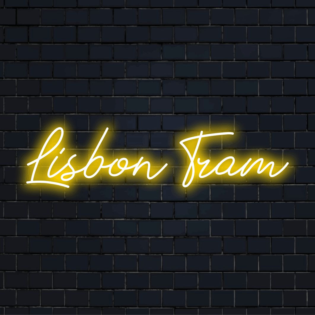 Lisbon Tram Neon Sign, glowing wall decor on dark brick wall