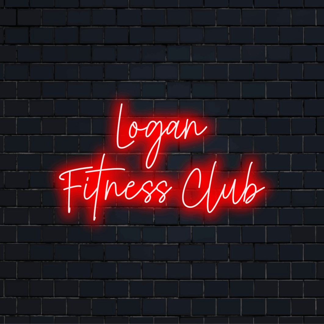 Logan Fitness Club Personalized Neon Light with soft neon glow on dark brick wall