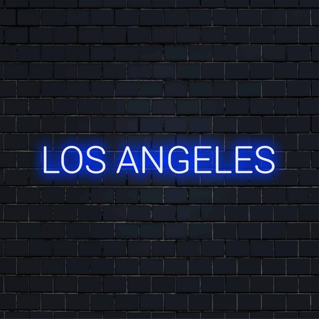 Los Angeles Neon Sign, glowing neon text against black brick wall