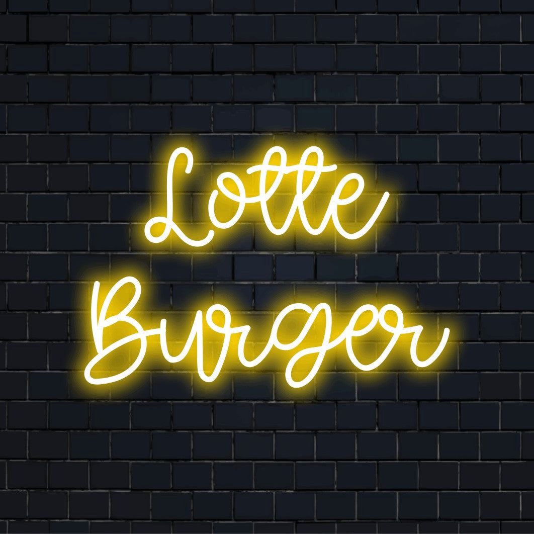 Lotte Burger Personalized LED Neon Sign, soft neon glow against black brick wall