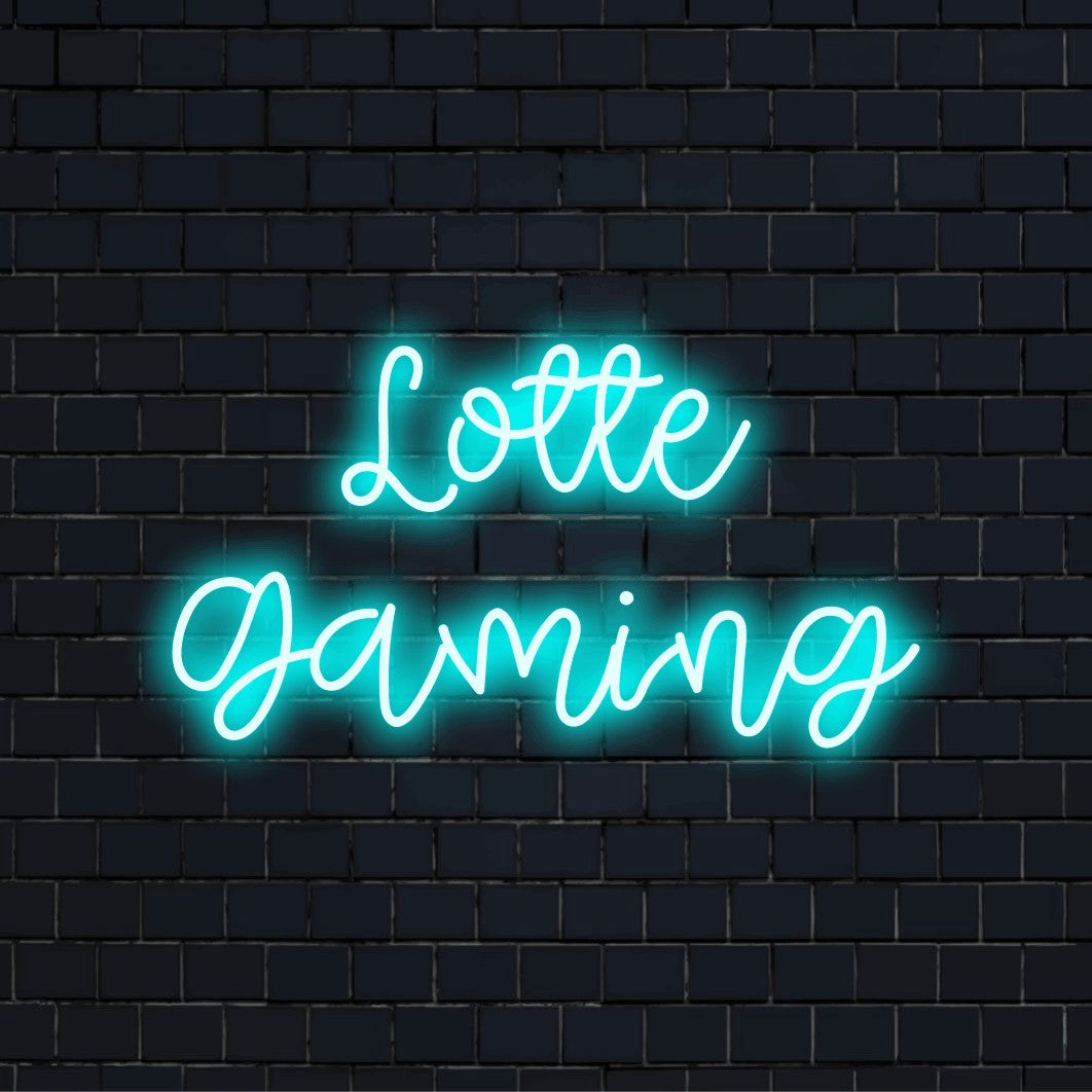 Lotte Gaming Personalized LED Neon Sign, neon text light against black brick wall