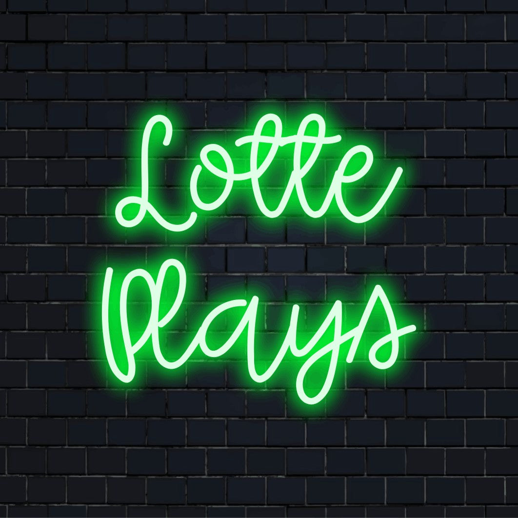 Lotte Plays Custom Name Neon Sign, bright neon lettering against brick backdrop