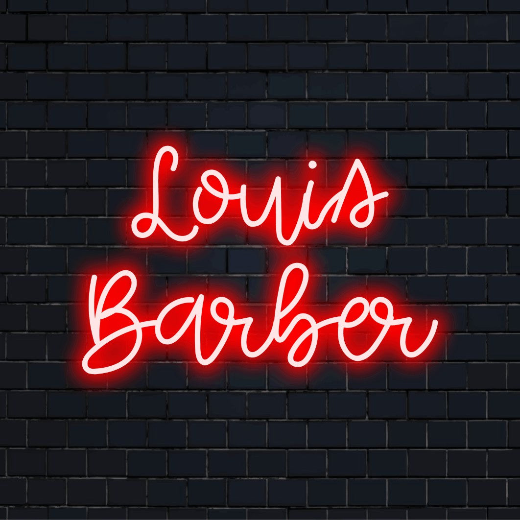 Louis Barber Personalized LED Neon Sign, neon text light on black brick background