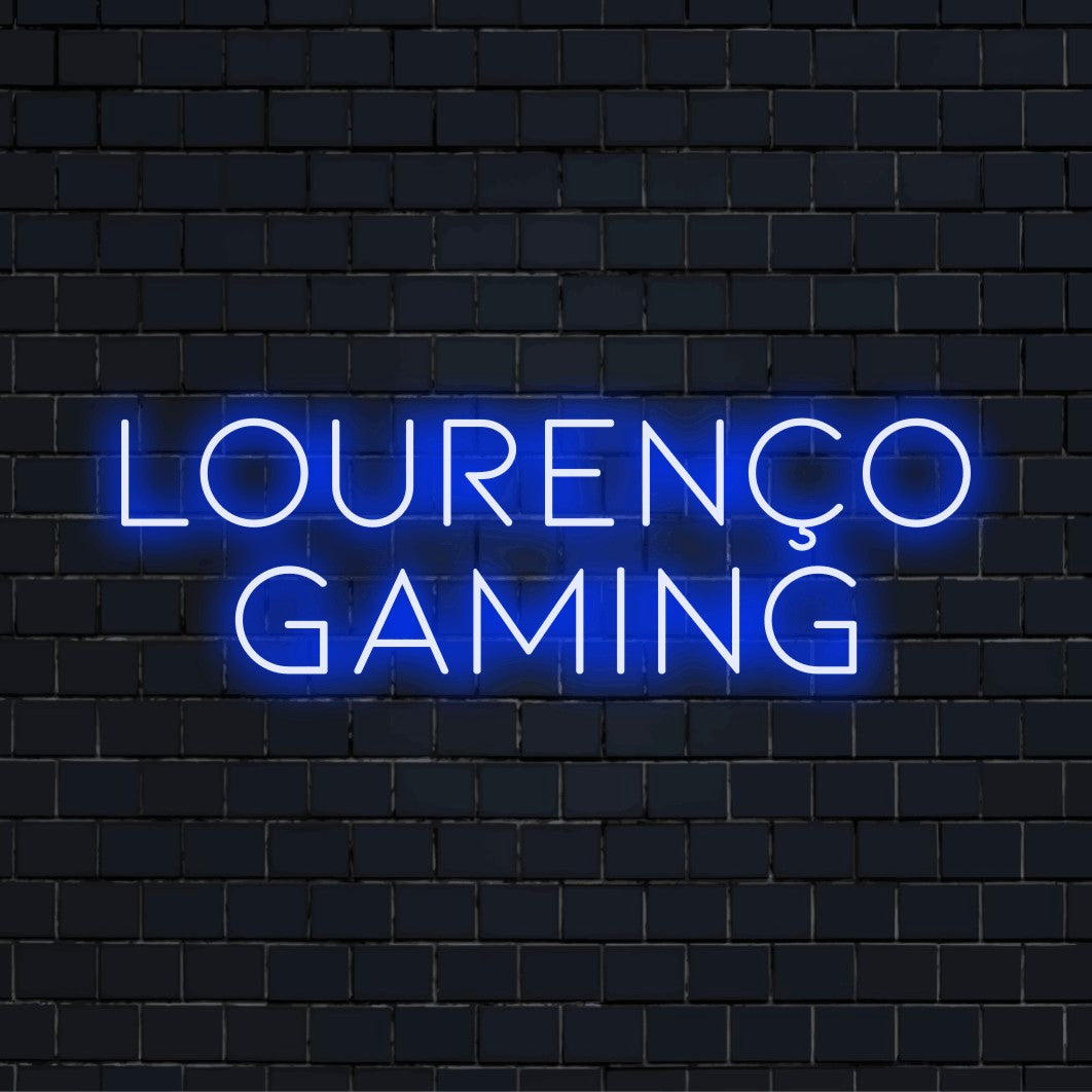 Lourenco Gaming Custom Name Neon Sign, bright LED glow on dark brick background