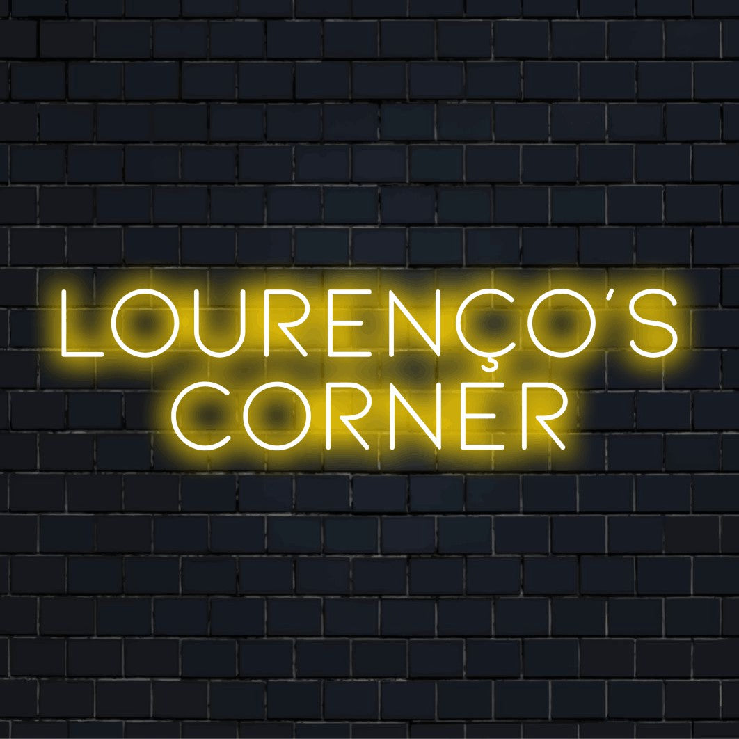 Lourenco_s Corner Personalized LED Neon Sign, bright neon glow on dark brick background