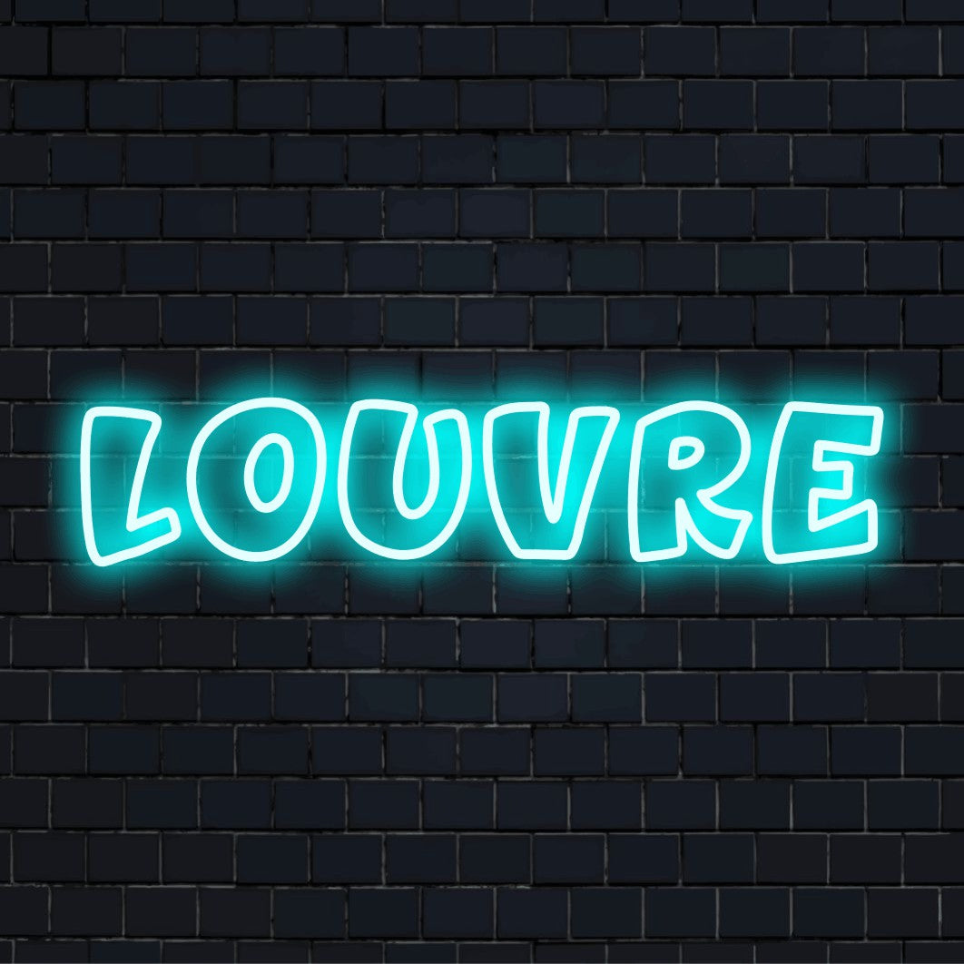 Louvre LED Neon Sign, glowing neon text on dark brick wall