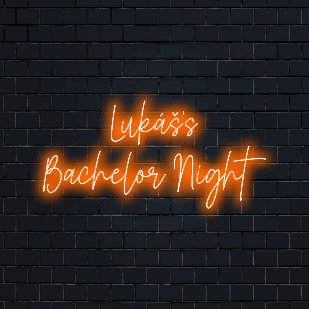 Lukas_s Bachelor Night Personalized LED Neon Sign, glowing neon text on dark brick background