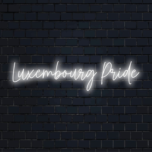 Luxembourg Pride Neon Light with glowing neon text against black brick wall