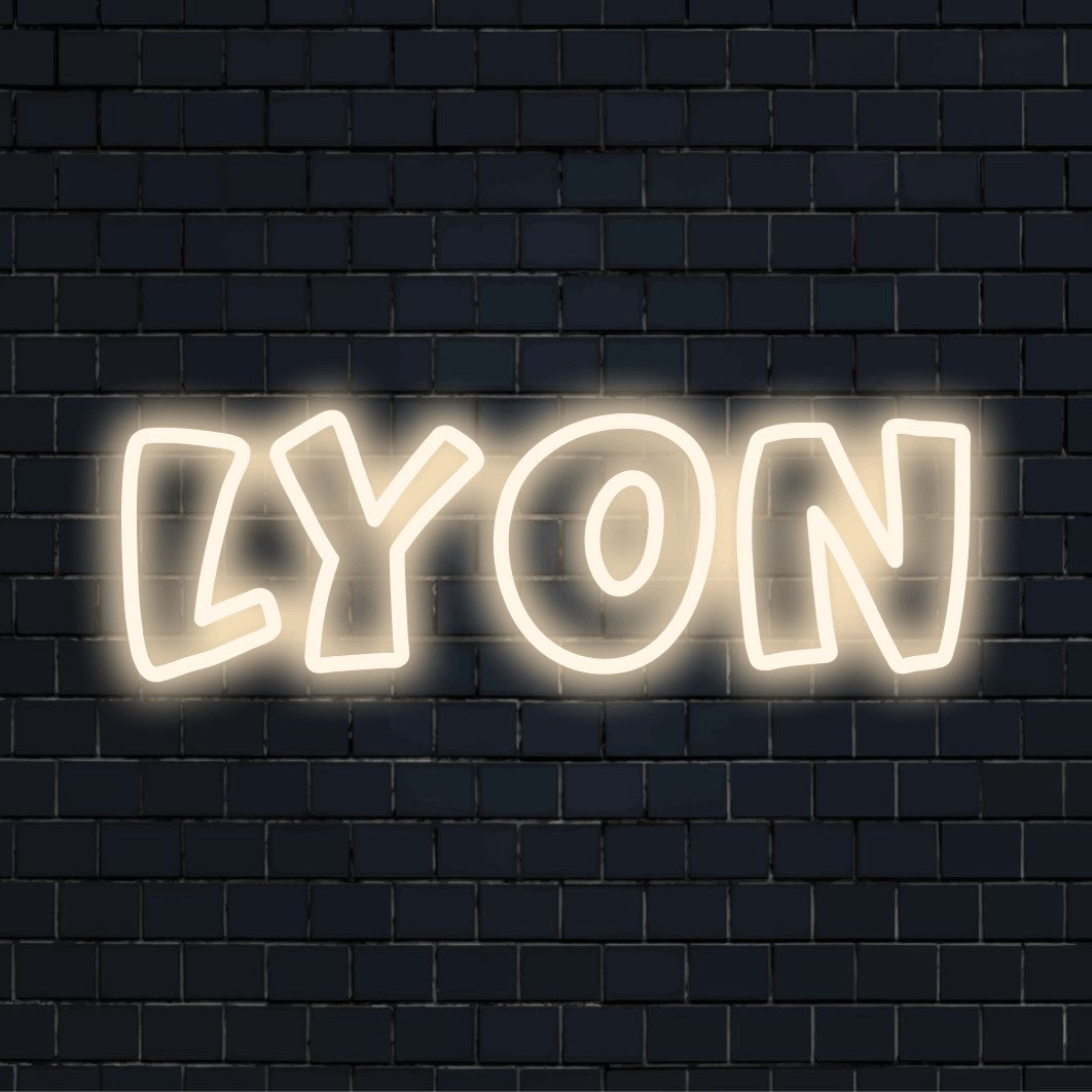 Lyon Neon Light with bright neon glow on black brick background