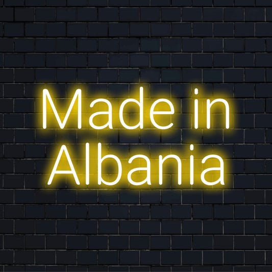 Made In Albania LED Neon Sign, bright neon lettering on black brick background