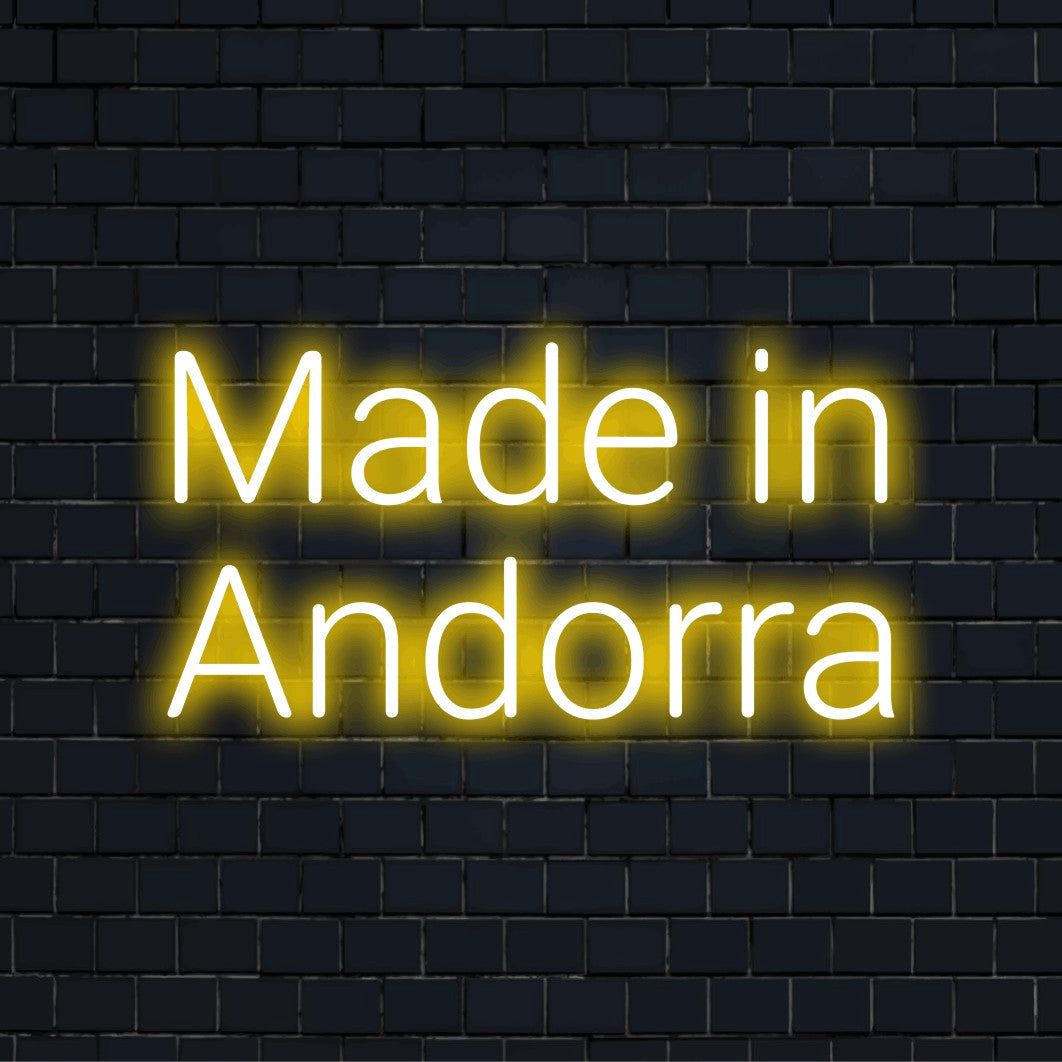 Made In Andorra Neon Light with neon text light on dark brick background