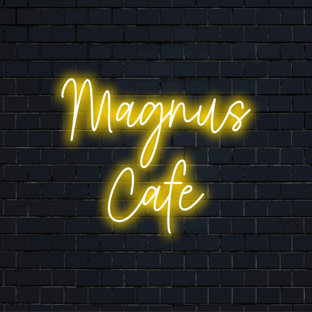 Magnus Cafe Personalized LED Neon Sign, bright LED glow on dark brick wall