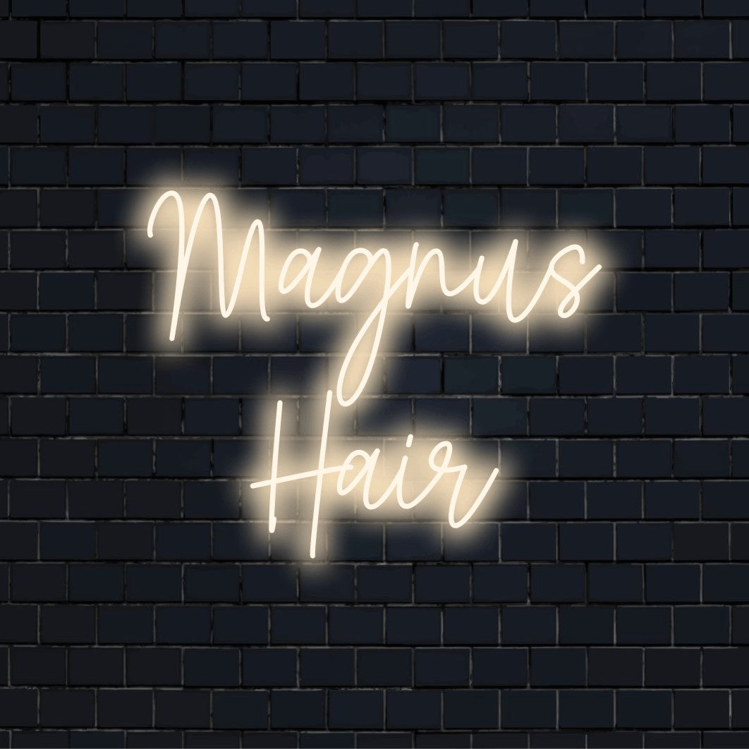 Magnus Hair Personalized LED Neon Sign, glowing wall decor against brick backdrop