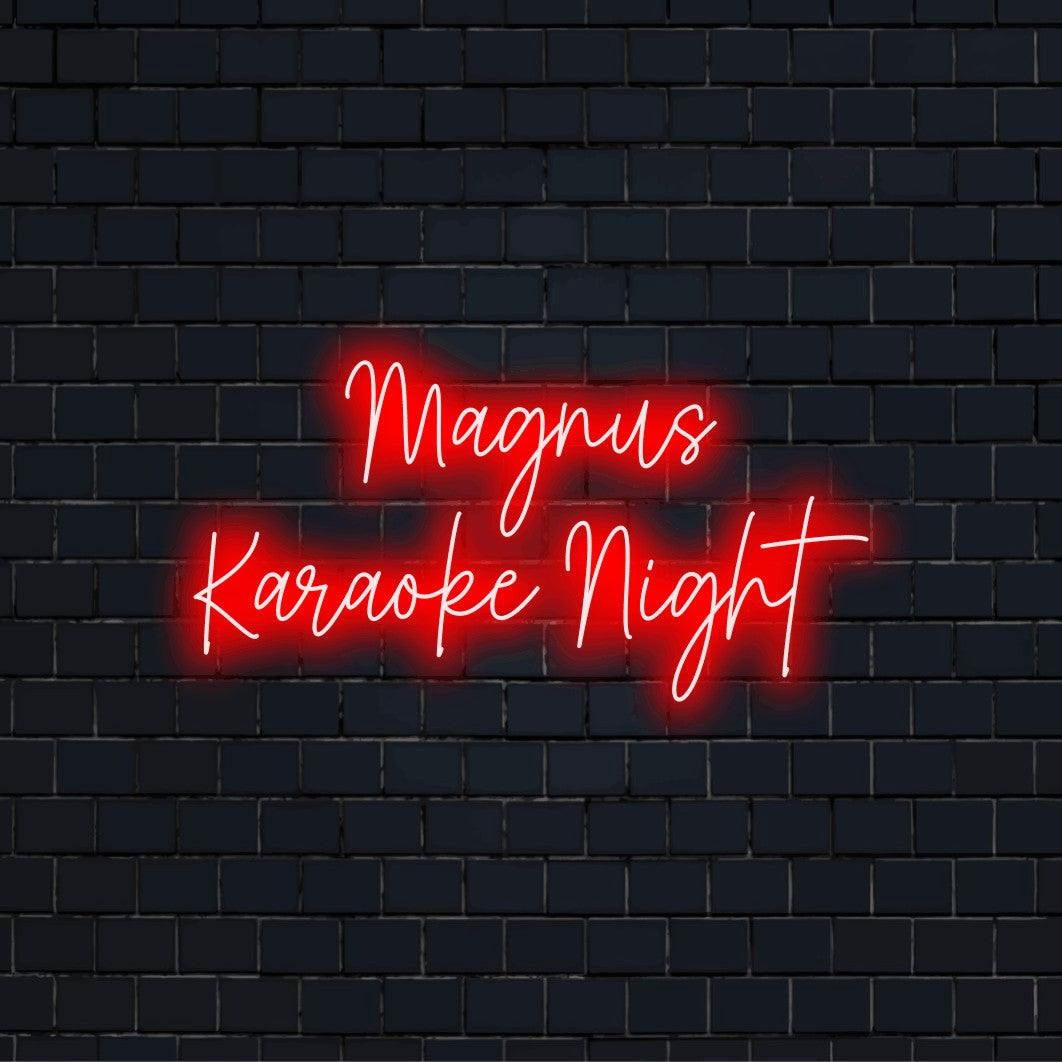 Magnus Karaoke Night Custom Name Neon Sign, glowing neon text on black brick background