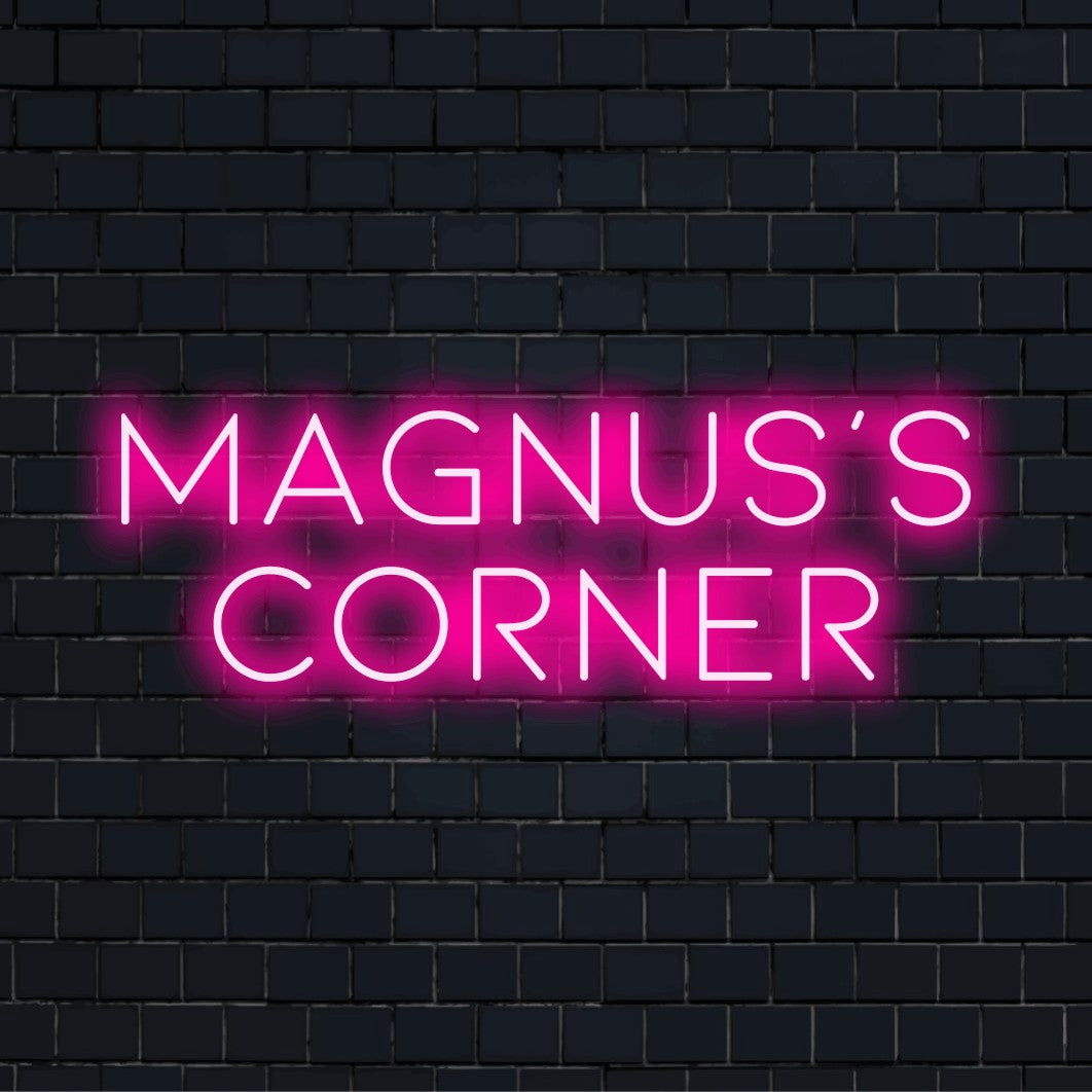Magnus_s Corner Custom Name Neon Sign, bright LED glow against black brick wall