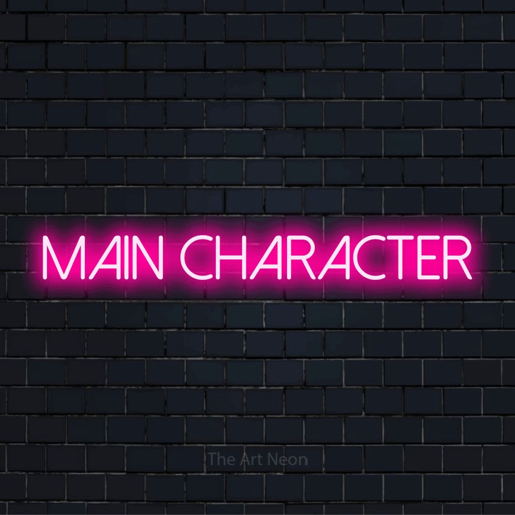"Main Character" glowing LED neon sign on a black brick wall