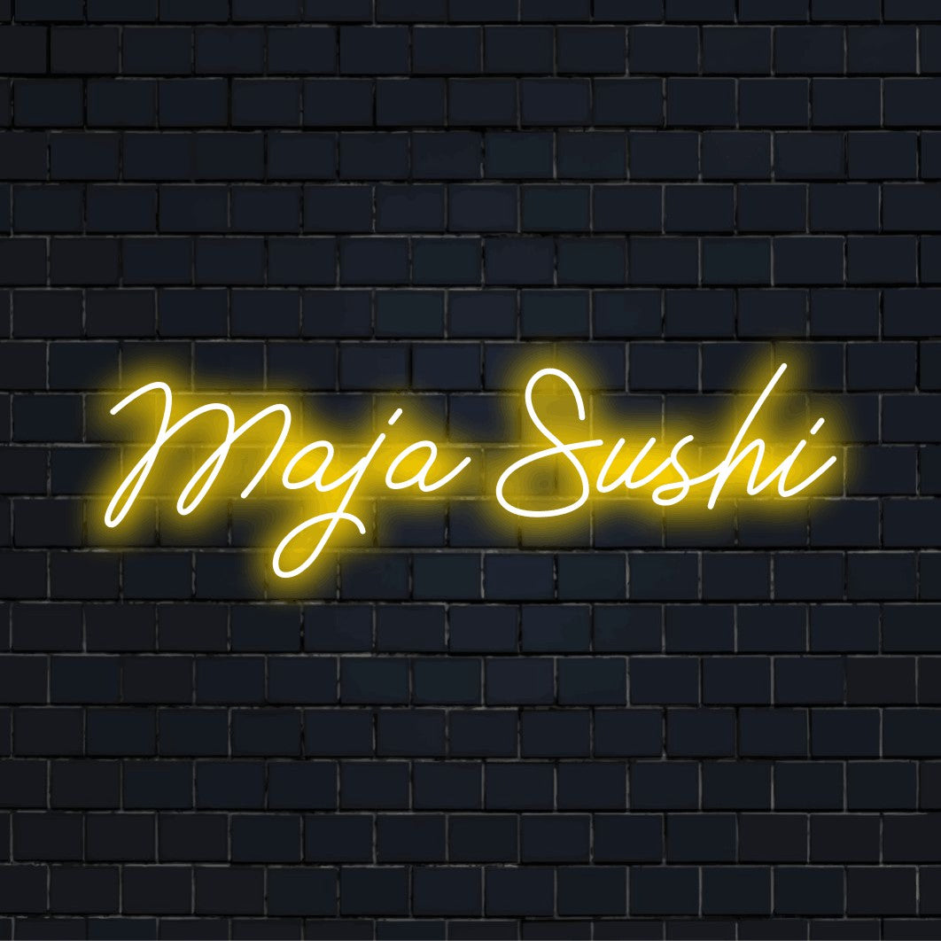 Maja Sushi Custom Name Neon Sign, bright neon glow on dark brick background