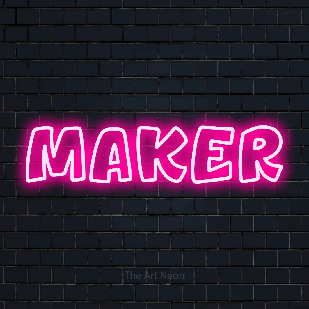 "Maker" text design with neon effect on a black brick wall
