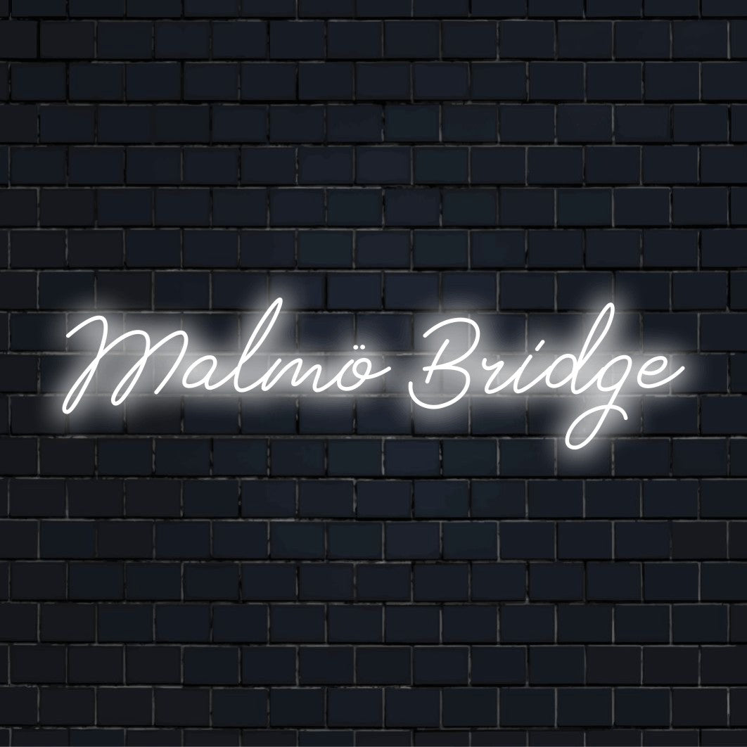 Malmo Bridge LED Neon Sign, glowing wall decor against black brick wall