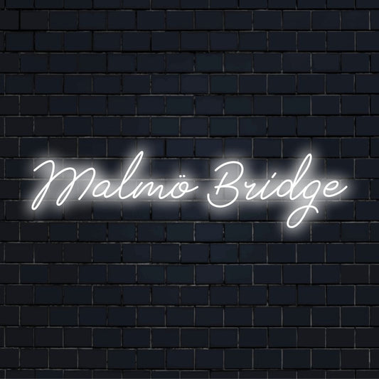 Malmo Bridge LED Neon Sign, glowing wall decor against black brick wall