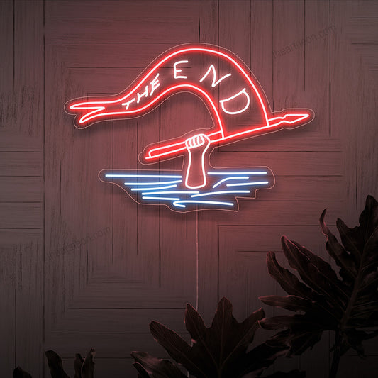 The neon sign depicts a man found submerged in the sea, holding a flag with the end in his hand, creating a dramatic and mysterious decor with its captivating light.