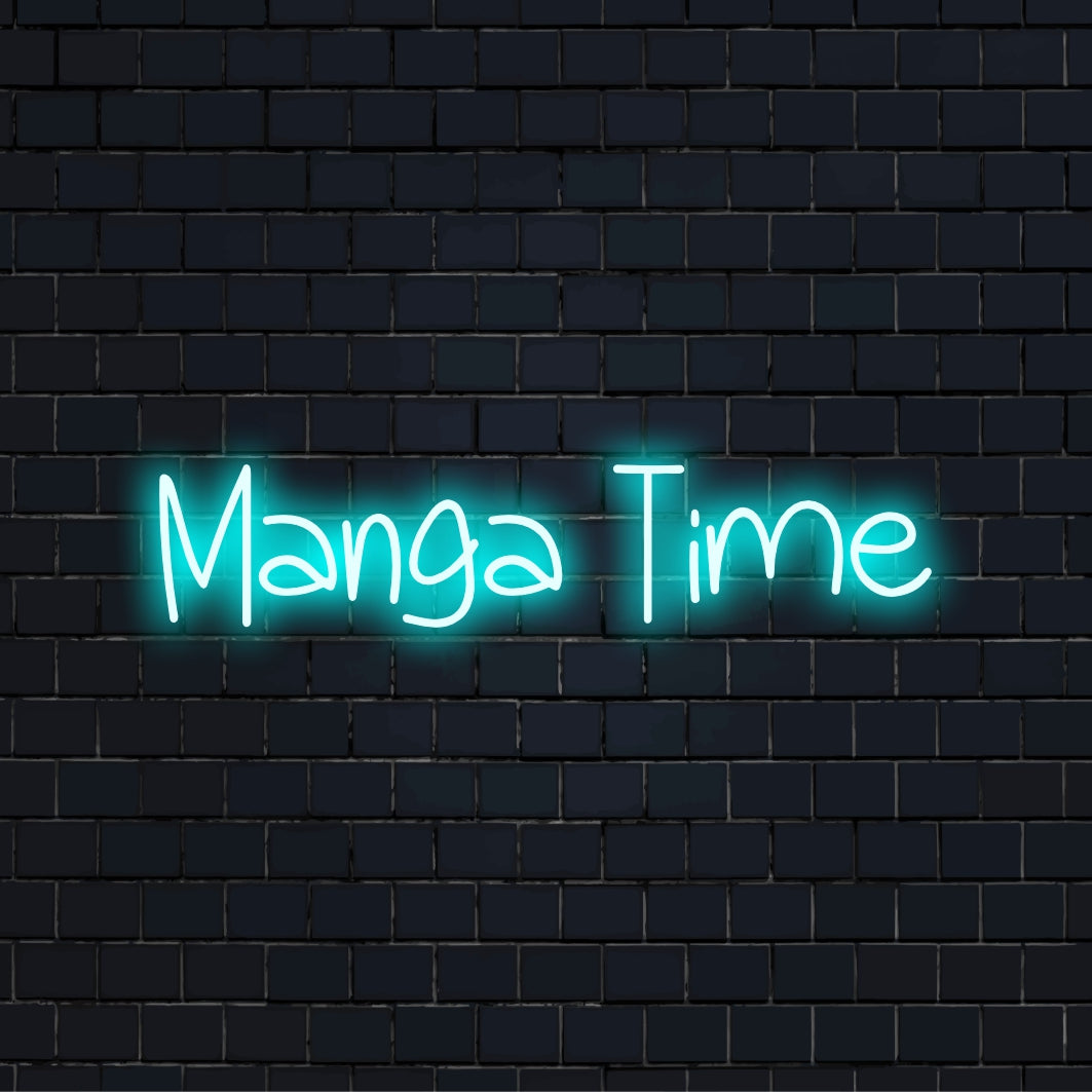 Manga Time LED Neon Sign, neon text light on dark brick background