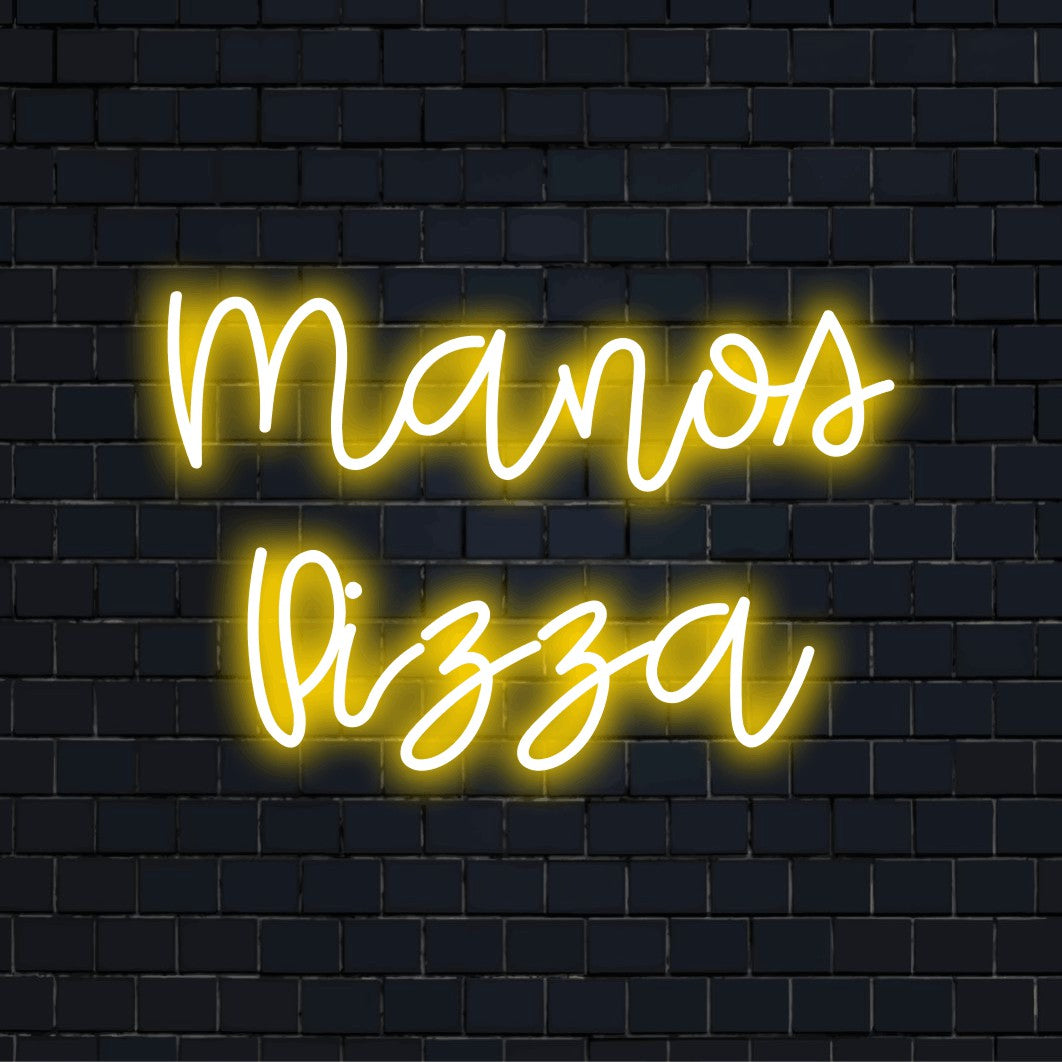 Manos Pizza Personalized LED Neon Sign, glowing wall decor on dark brick wall