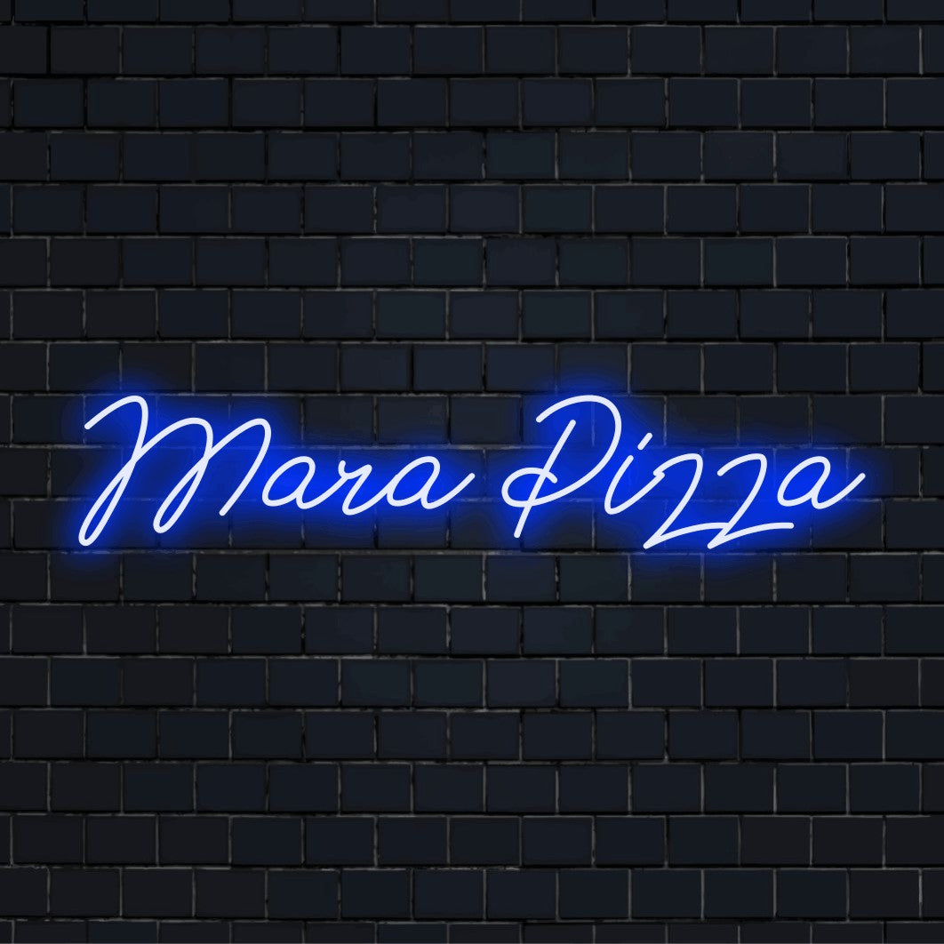 Mara Pizza Personalized LED Neon Sign, glowing neon text on black brick background