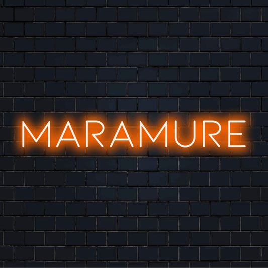 Maramures Neon Sign, glowing neon text on dark brick background