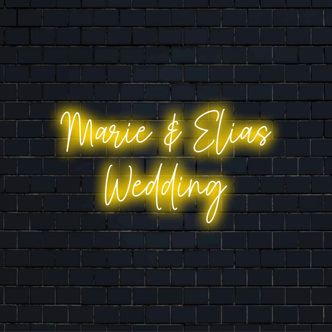 Marie _ Elias Wedding Personalized Neon Light with soft neon glow on dark brick wall