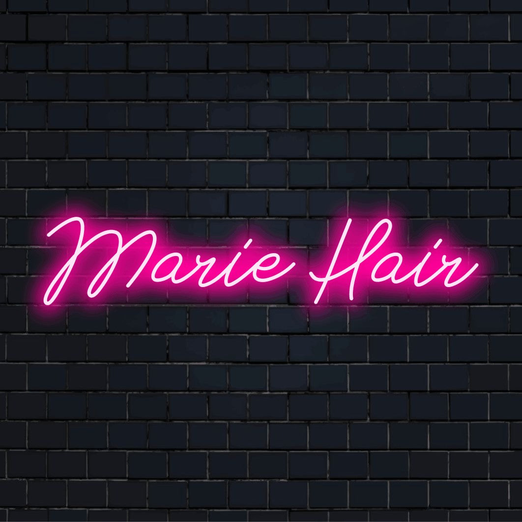 Marie Hair Custom Name Neon Sign, soft neon glow on dark brick background