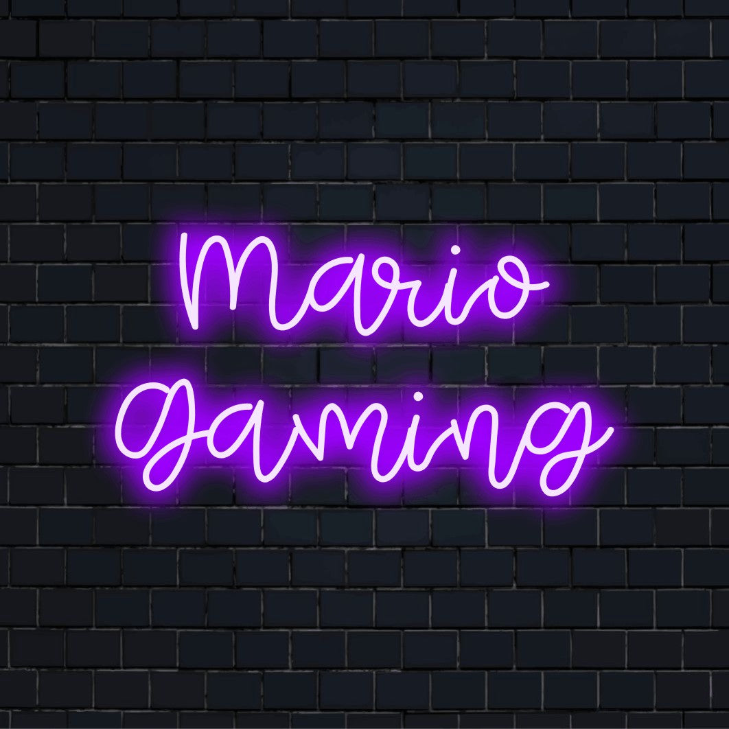 Mario Gaming Custom Name Neon Sign, glowing neon text on dark brick background
