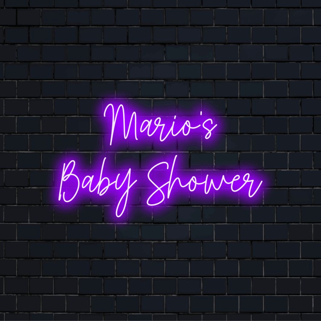 Mario_s Baby Shower Custom Name Neon Sign, soft neon glow on dark brick wall