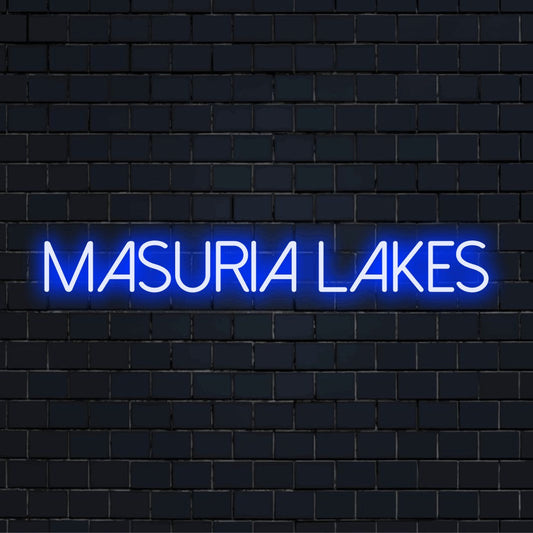 Masuria Lakes LED Neon Sign, glowing lettering against black brick wall