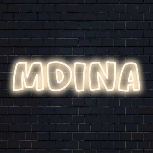 Mdina Neon Sign, glowing neon text against black brick wall