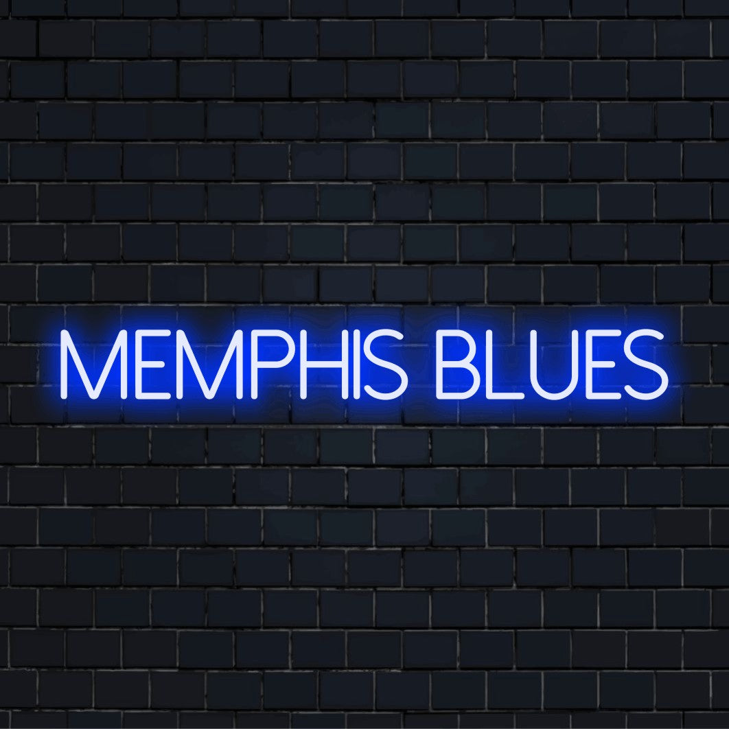 Memphis Blues Neon Sign, glowing wall decor against black brick wall