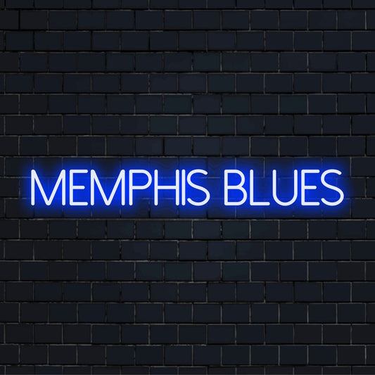 Memphis Blues Neon Sign, glowing wall decor against black brick wall