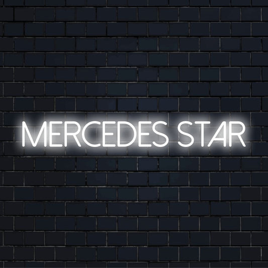Mercedes Star LED Neon Sign, glowing neon text on dark brick background