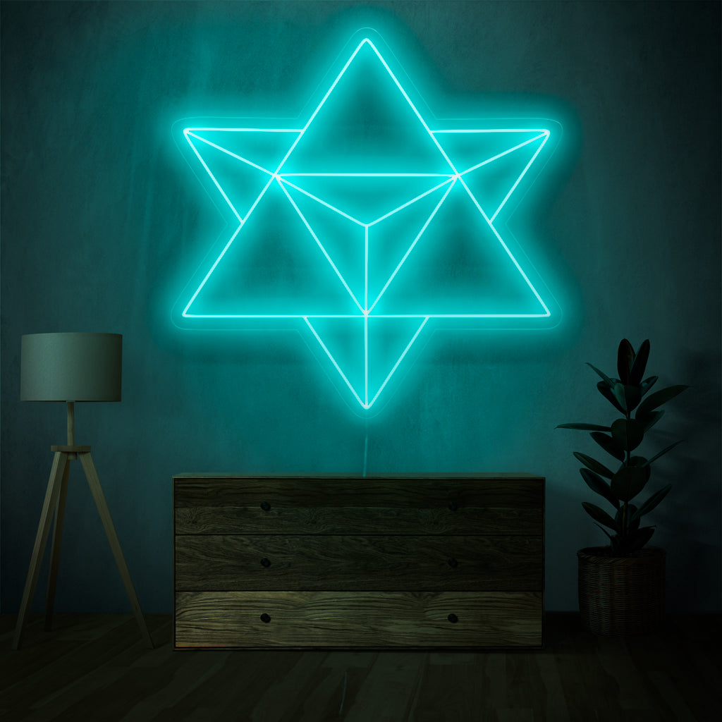 Merkaba-neonkyltti on transsendentti lisä henkiaiheiseen sisustukseen, joka säteilee jumalallista energiaa ja säteilee kiehtovaa valoa.